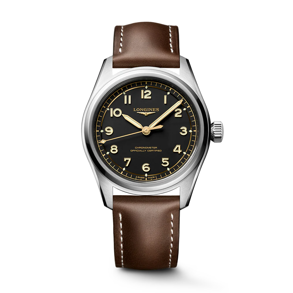Longines Spirit Pilot 39mm Black Dial Leather Strap Watch