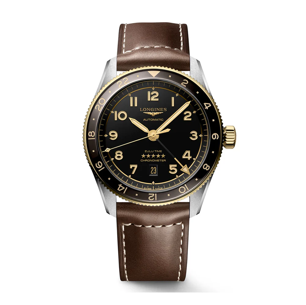 Longines Spirit Zulu Time 42mm Gold Bezel Leather Strap