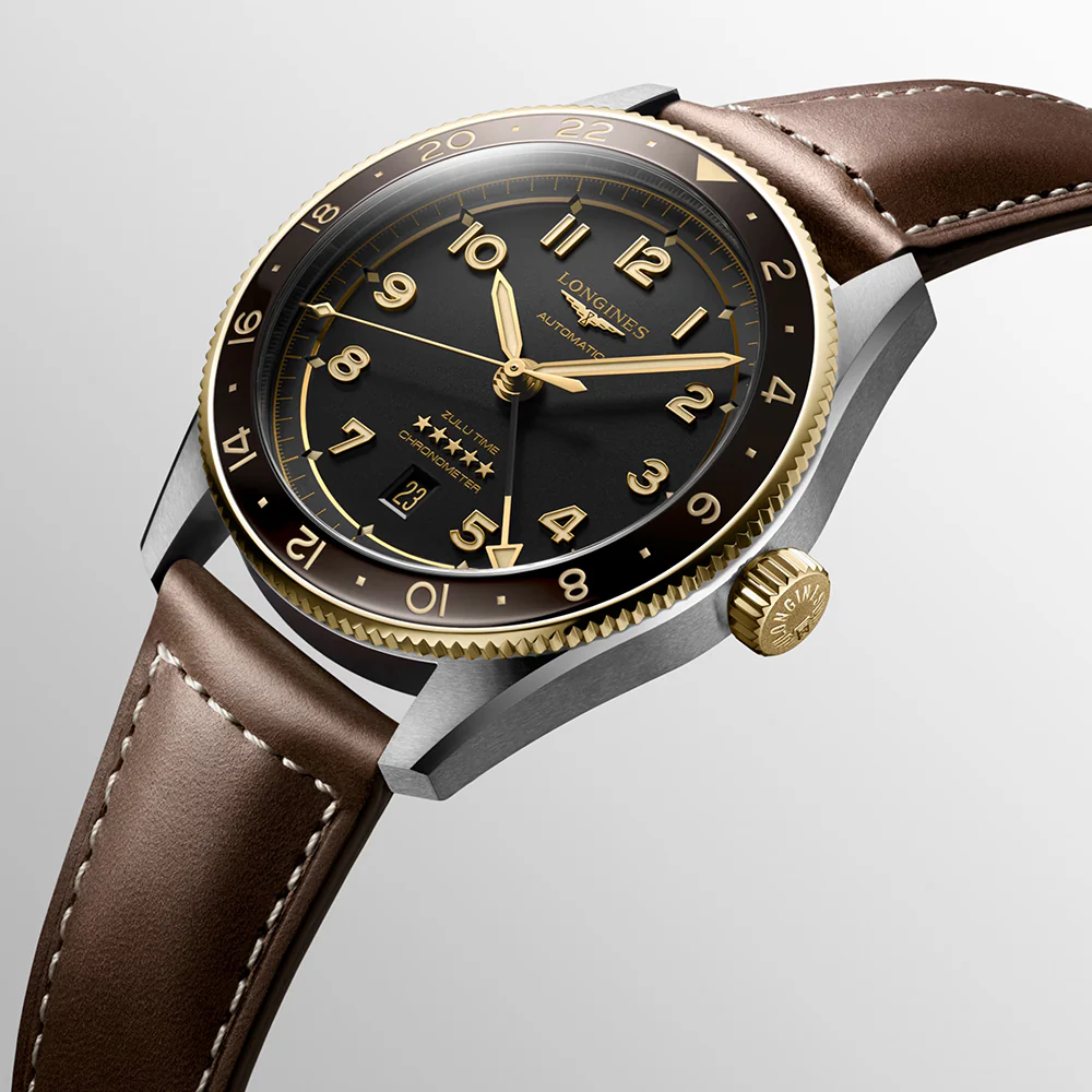 Longines Spirit Zulu Time 42mm Gold Bezel Leather Strap - Image 2