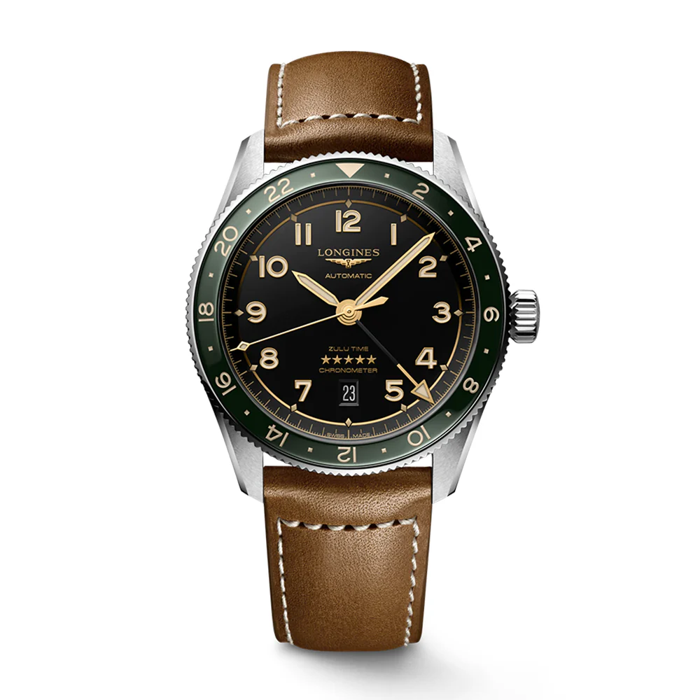 Longines Spirit Zulu Time Green Bezel Leather Strap