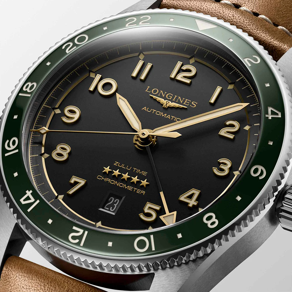 Longines Spirit Zulu Time Green Bezel Leather Strap - Image 5