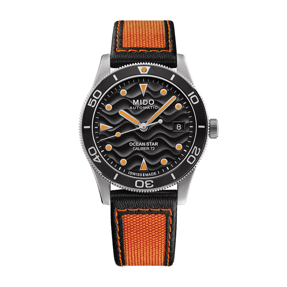 Mido Ocean Star 39 Black Dial Orange Fabric Strap Watch