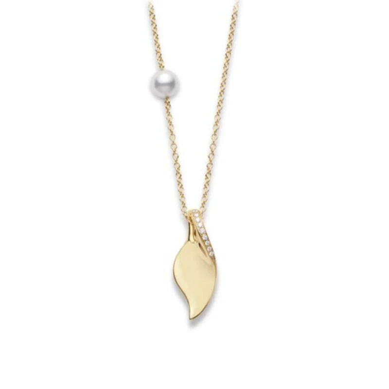 Mikimoto Akoya Pearl & Diamond Leaf Pendant Necklace in 18K Yellow Gold