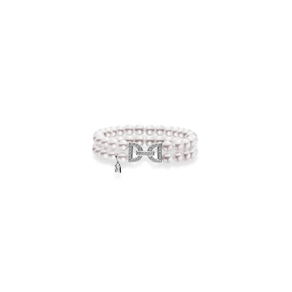 Mikimoto Classic 18K White Gold A+ Akoya Pearl Double Row Diamond Bracelet