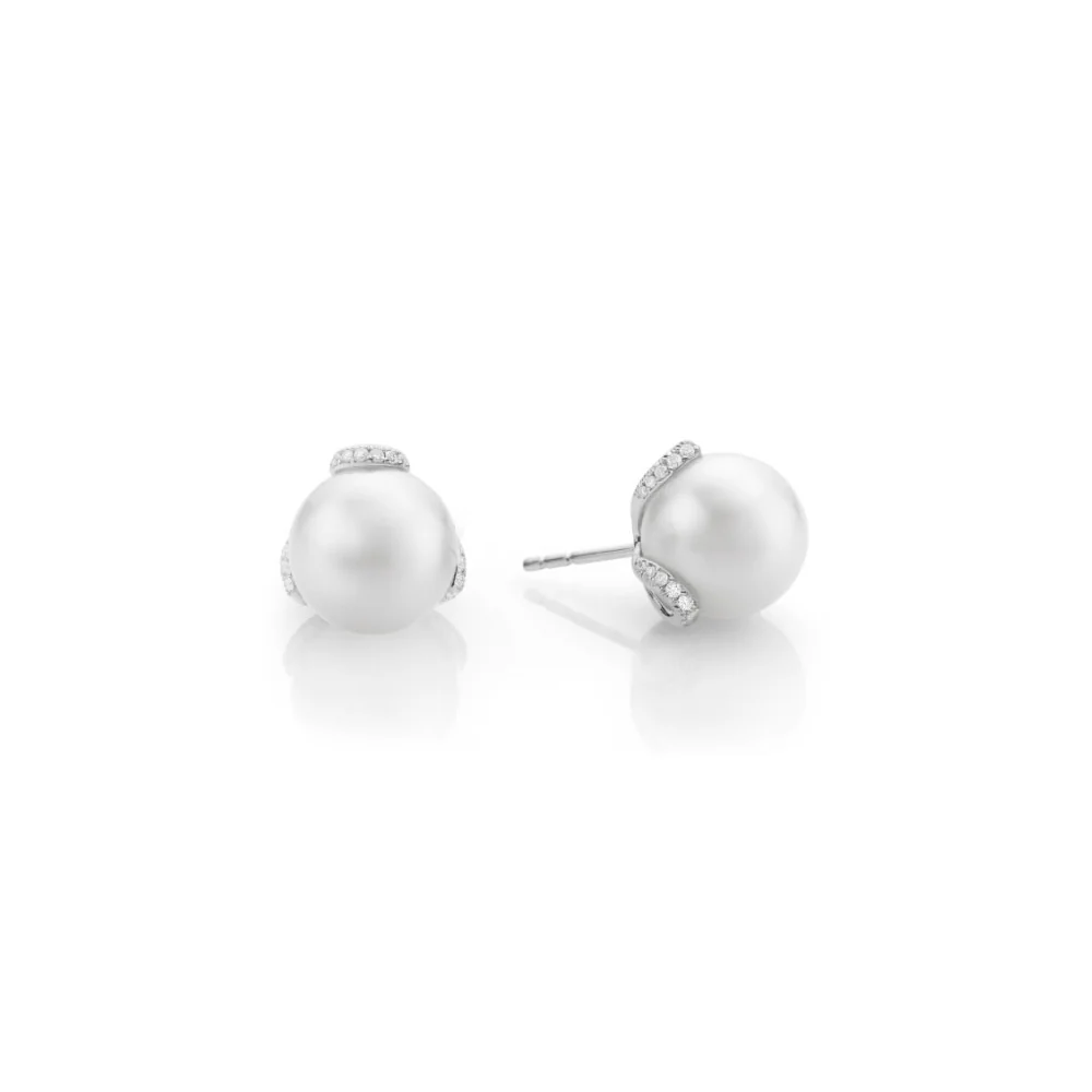 Mikimoto Classic Embrace 18K White Gold Diamond South Sea Pearl Stud Earrings