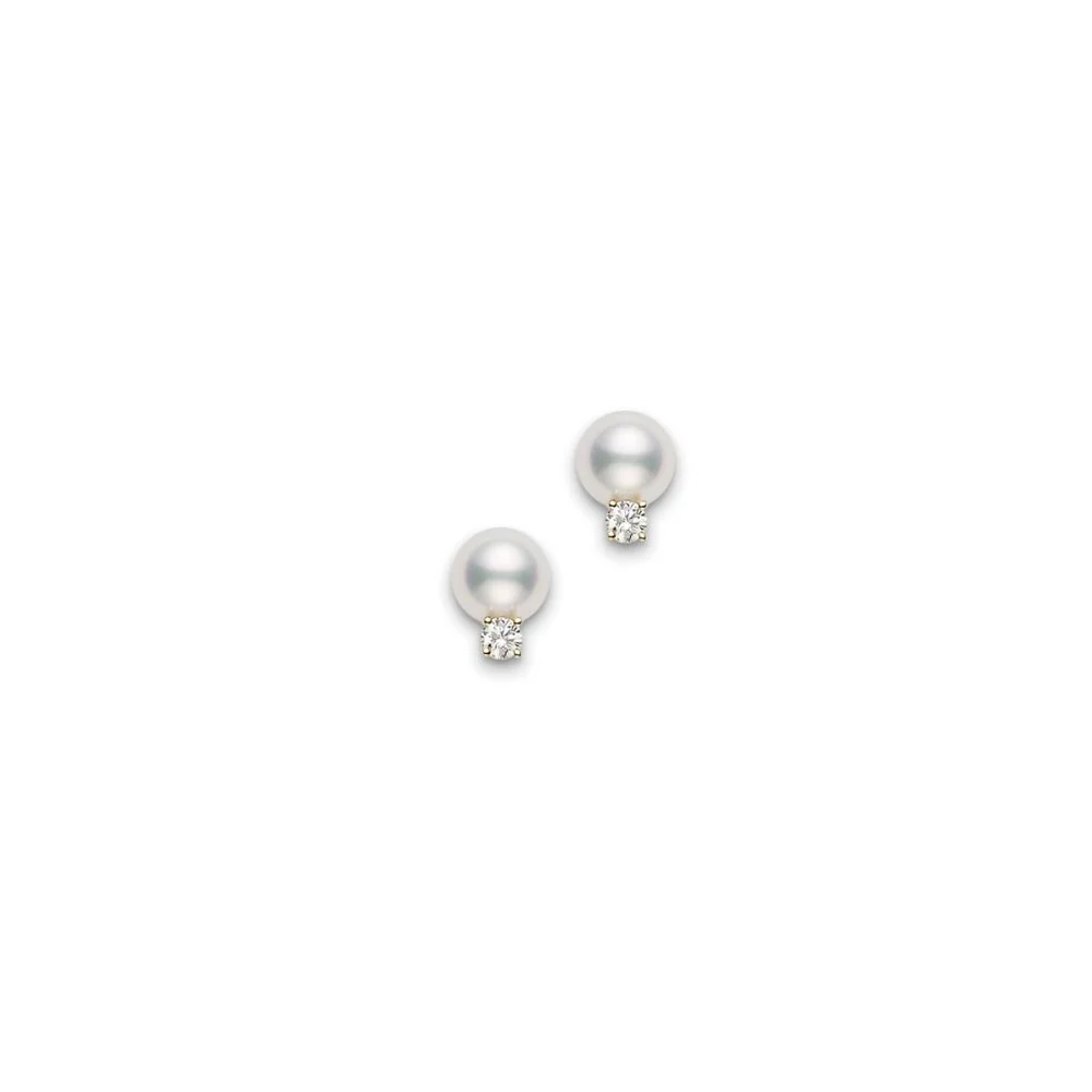Mikimoto Everyday Essentials 18K Yellow Gold AA Akoya Pearl Diamond Studs