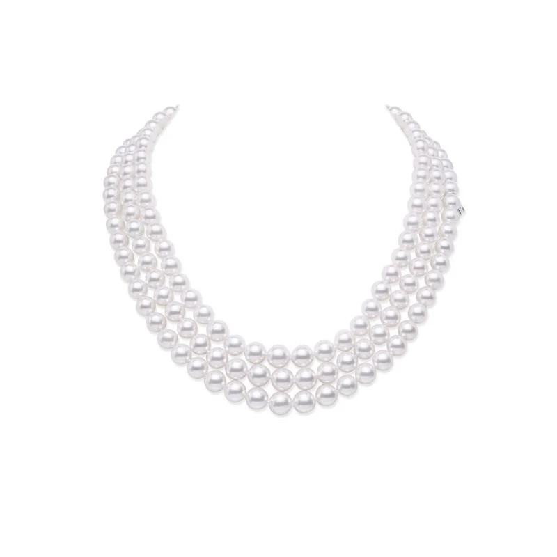 Mikimoto Triple Strand Akoya Pearl Necklace with Diamond Clasp 18K White Gold