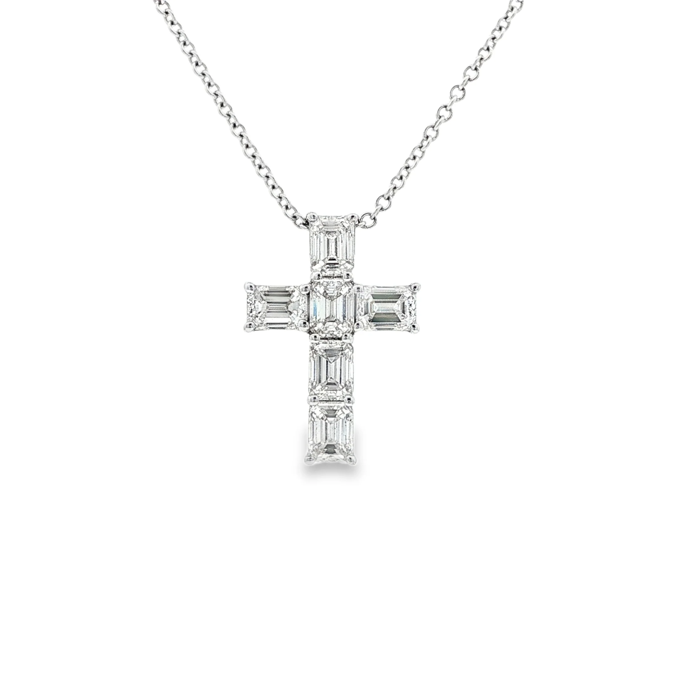 Norman Silverman 1.40ct Emerald-Cut Diamond Cross Pendant Necklace 18K White Gold