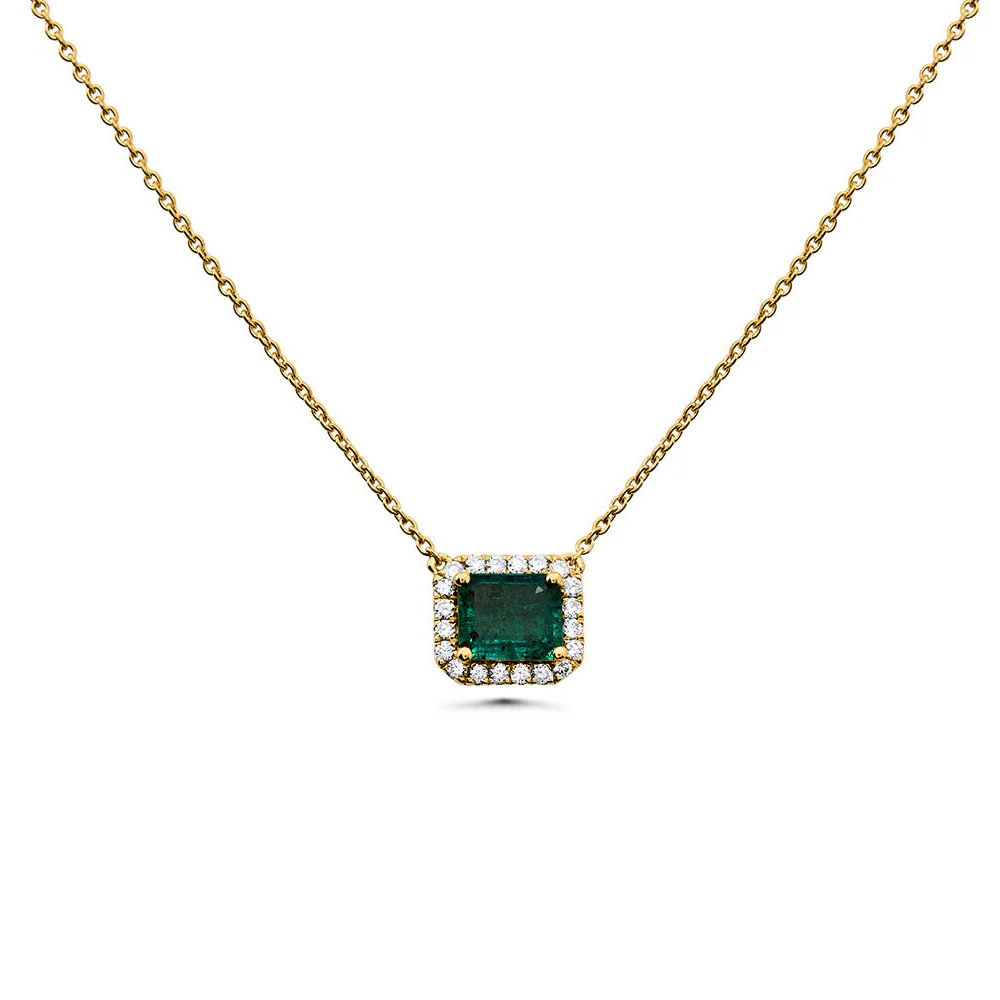 Roman and Jules Emerald Cut Emerald Pendant with Diamond Halo 14K Yellow Gold