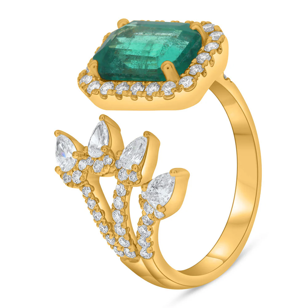 Roman and Jules GIA Emerald and Diamond Vine Bypass Ring 14K Yellow Gold - Image 3
