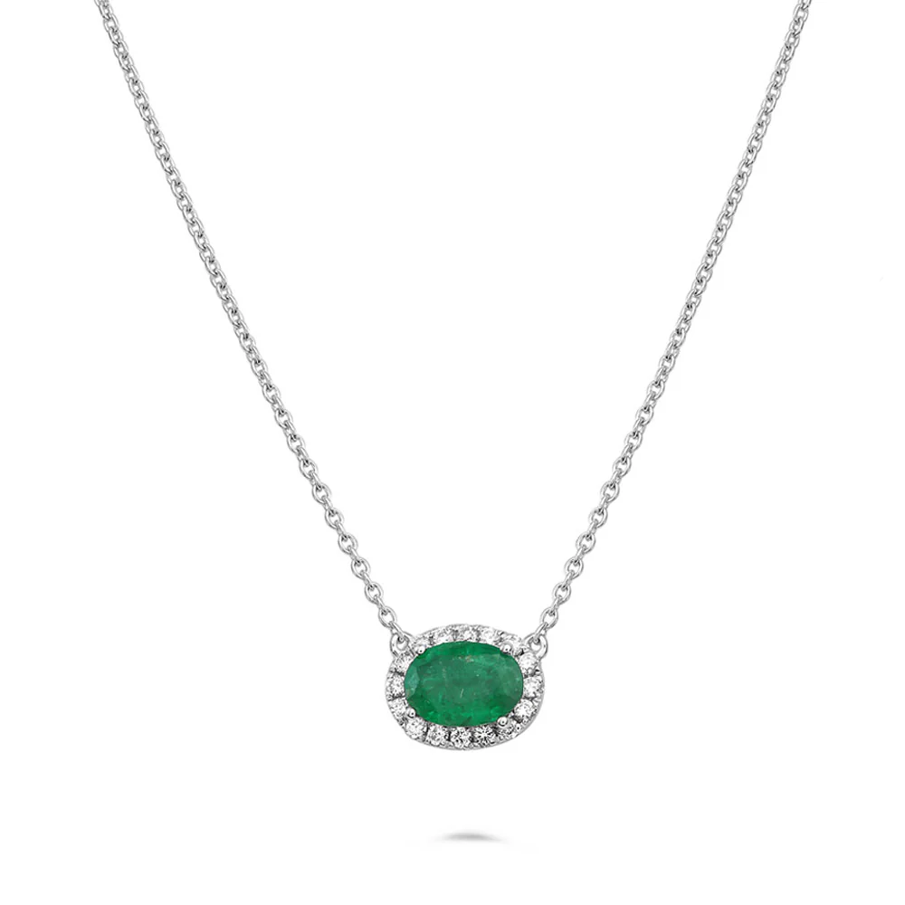 Roman and Jules GIA Oval Emerald Diamond Halo Pendant Necklace 14K White Gold