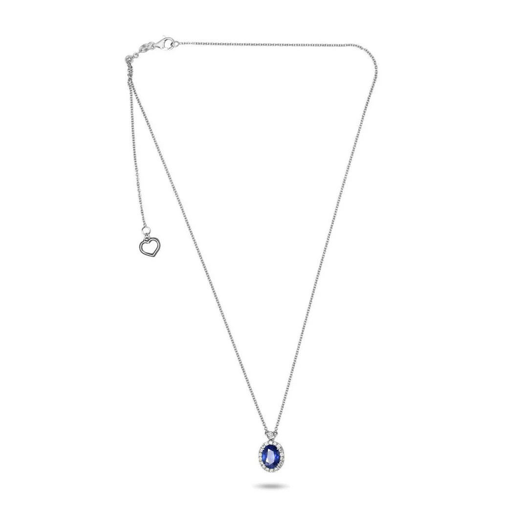 Roman and Jules Oval Blue Sapphire Pendant Necklace with Diamond Halo 14K White Gold - Image 2