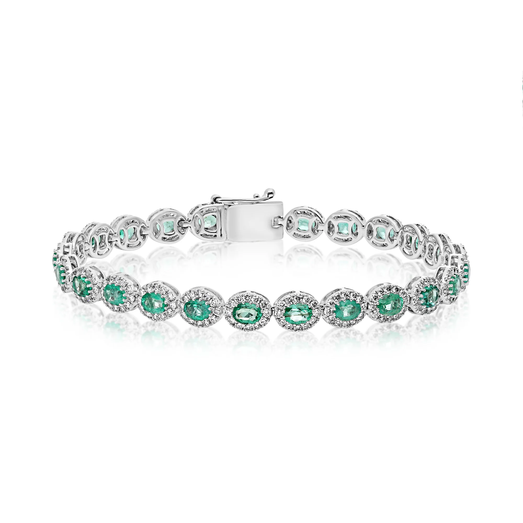 Roman and Jules Oval Emerald Diamond Halo Bracelet 14K White Gold