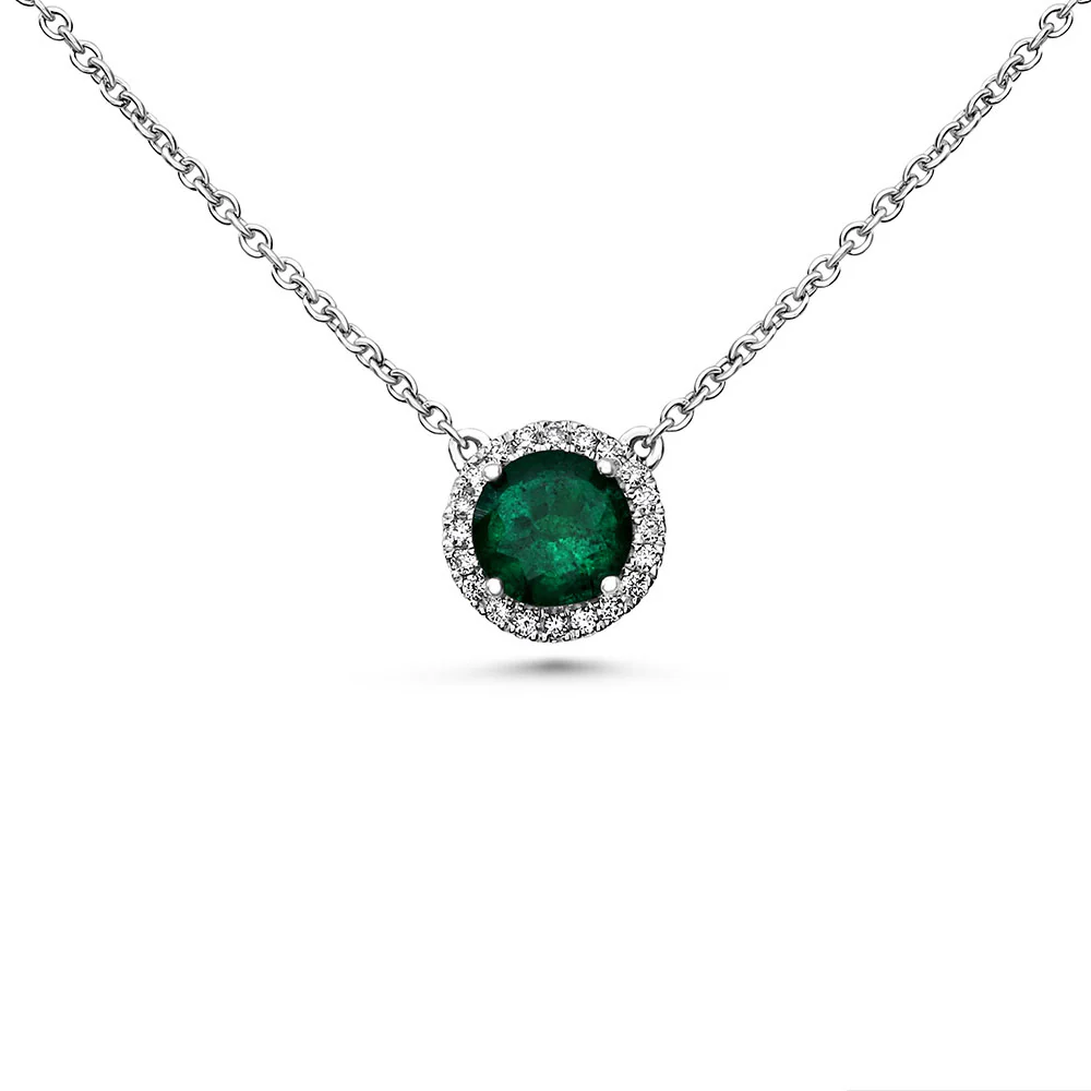 Roman and Jules Round Emerald Diamond Halo Pendant Necklace 14K White Gold