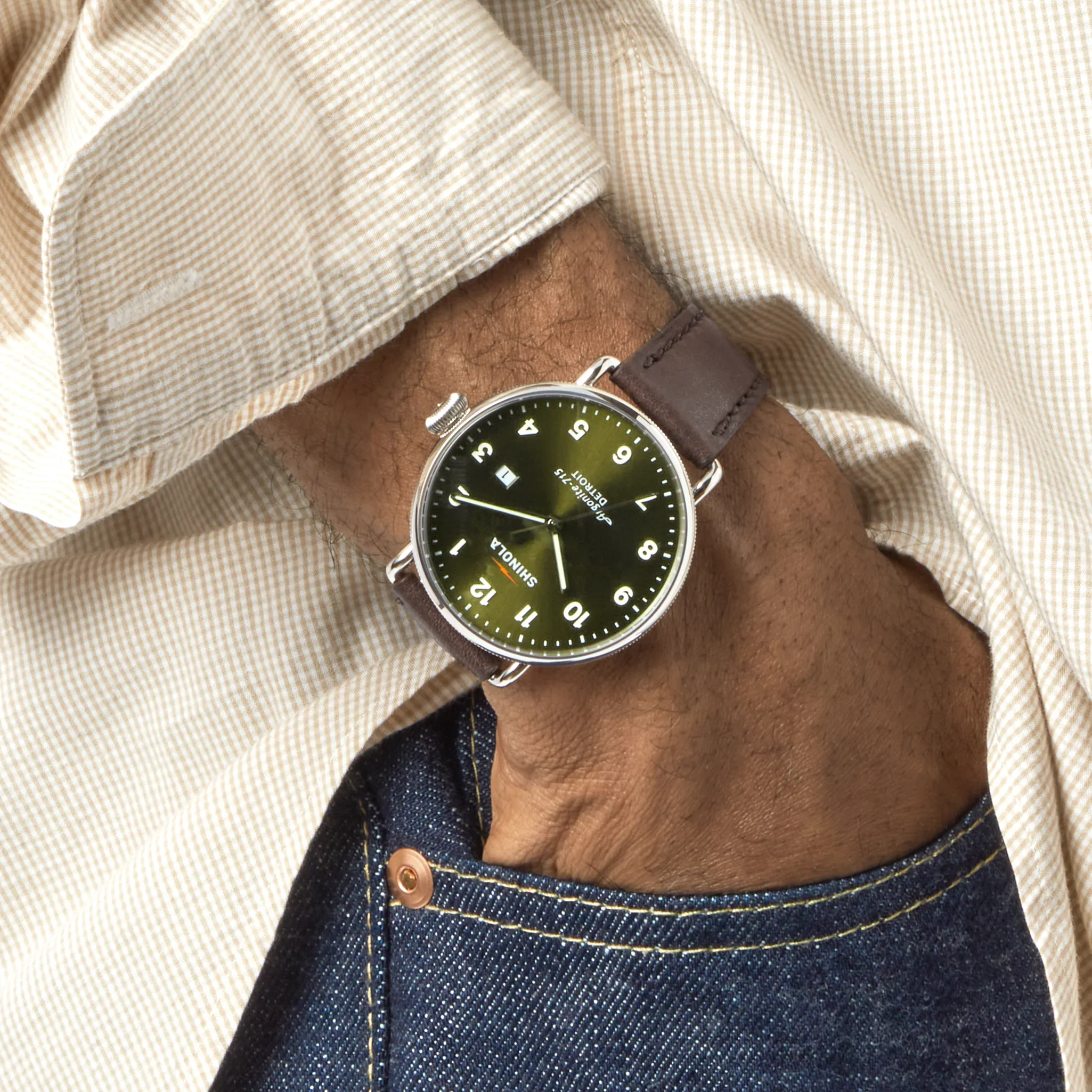 Shinola Canfield 43mm Dark Olive Dial Brown Leather Strap Watch - Image 2