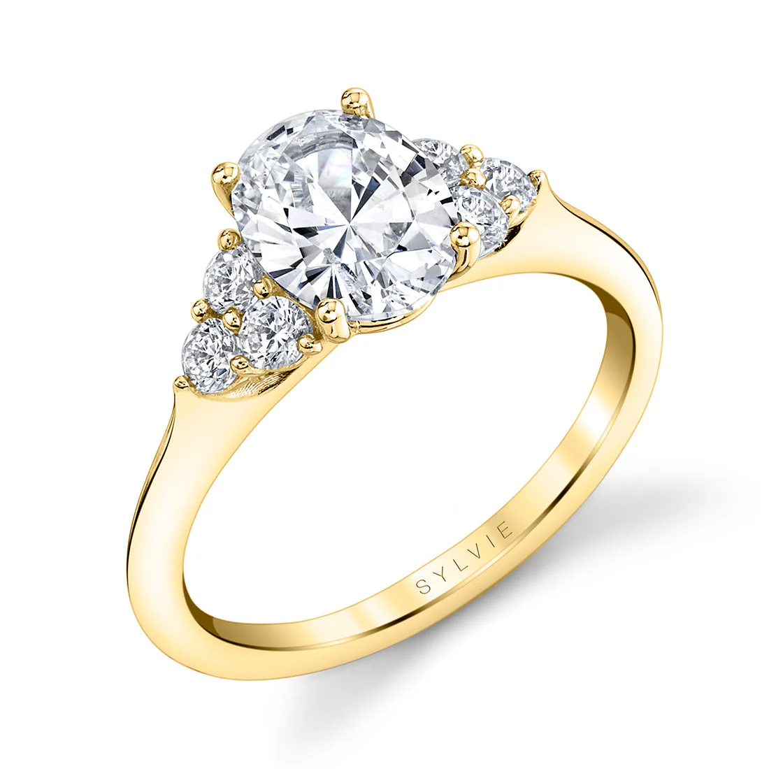 Sylvie Skylar Oval and Diamond Trio Side Stone Engagement Ring Mounting 18K Yellow Gold