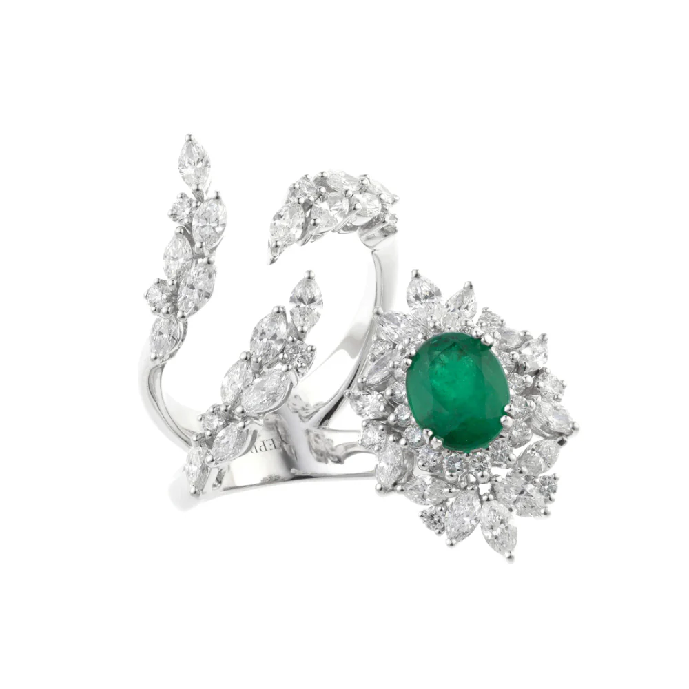 Yeprem Reign Supreme 18K White Gold Diamond Emerald Ring