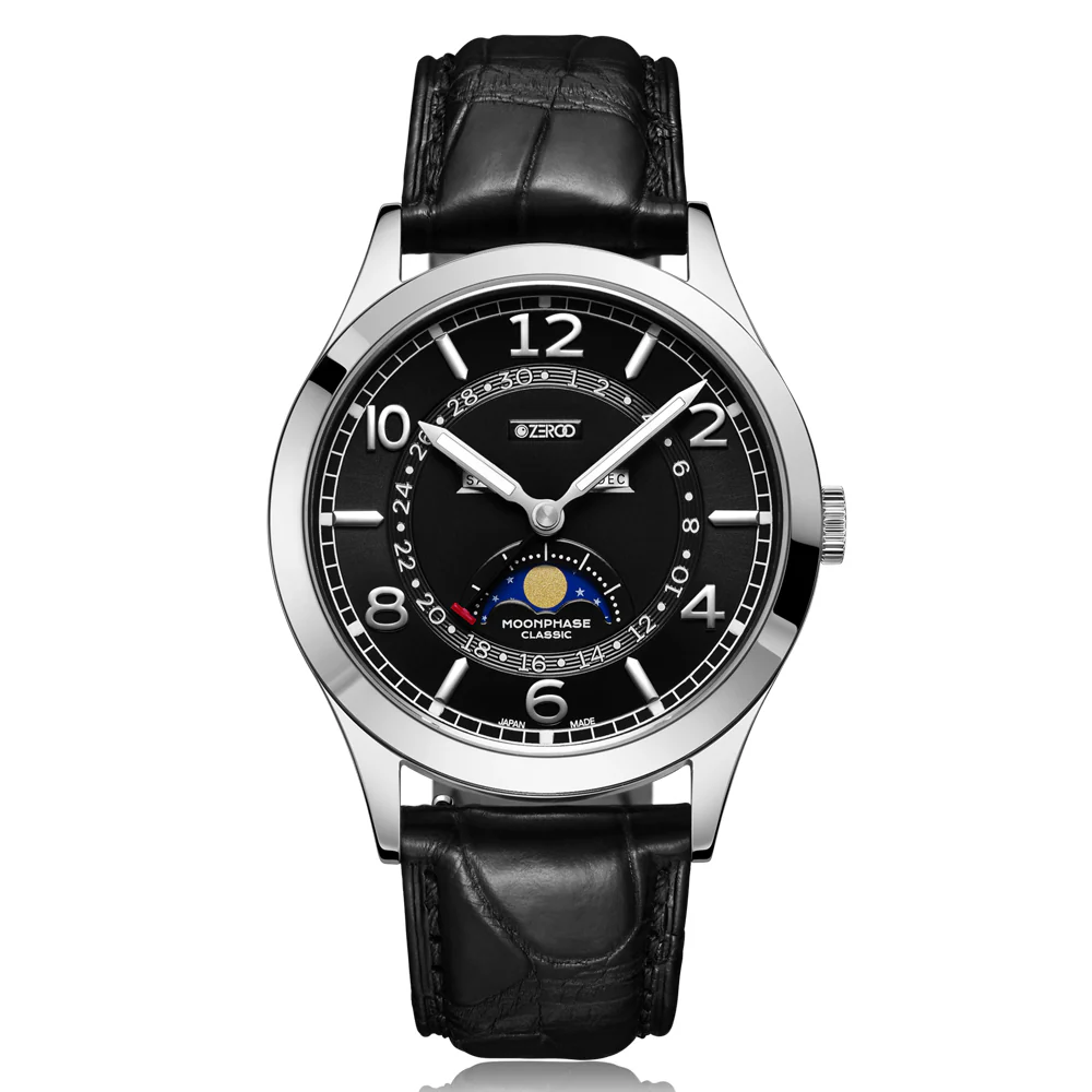 Zeroo Time C2 The Virgo Classic Moon Phase Watch in Steel and Black