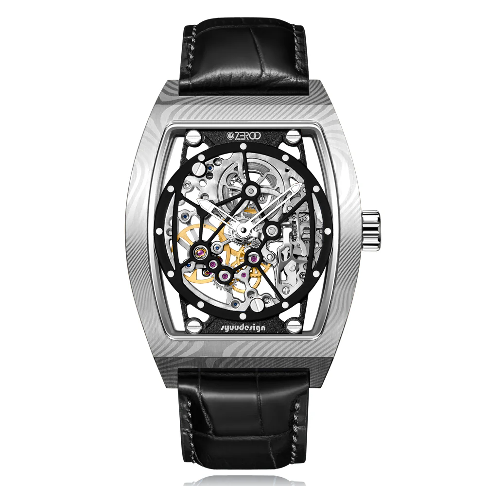 Zeroo Time M1D The Auriga Skeleton Mechanical Watch in Damascus Steel and Black