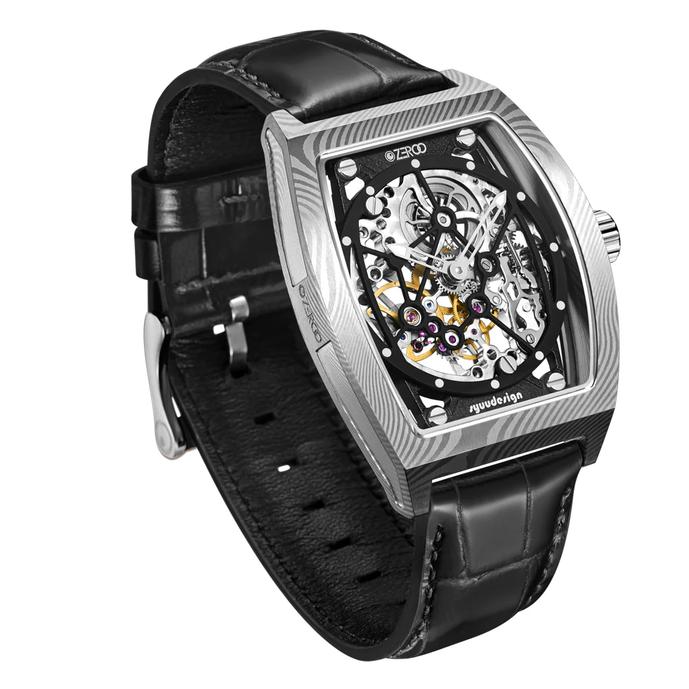 Zeroo Time M1D The Auriga Skeleton Mechanical Watch in Damascus Steel and Black - Image 3