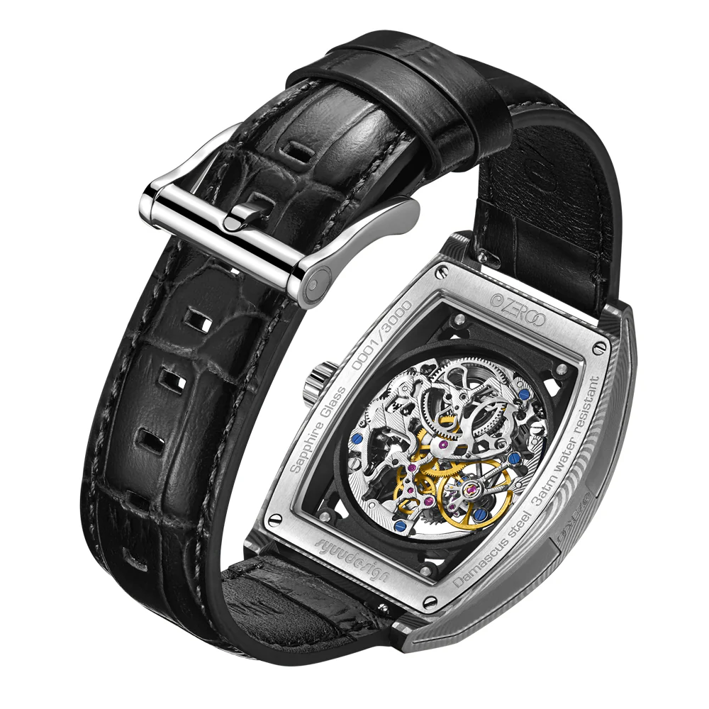 Zeroo Time M1D The Auriga Skeleton Mechanical Watch in Damascus Steel and Black - Image 4