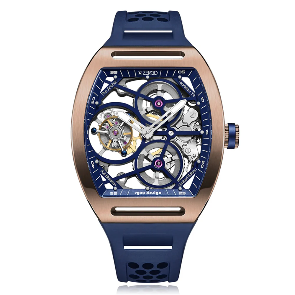 Zeroo Time T4 The Archer Full Skeleton Tourbillon Watch in Rose and Blue