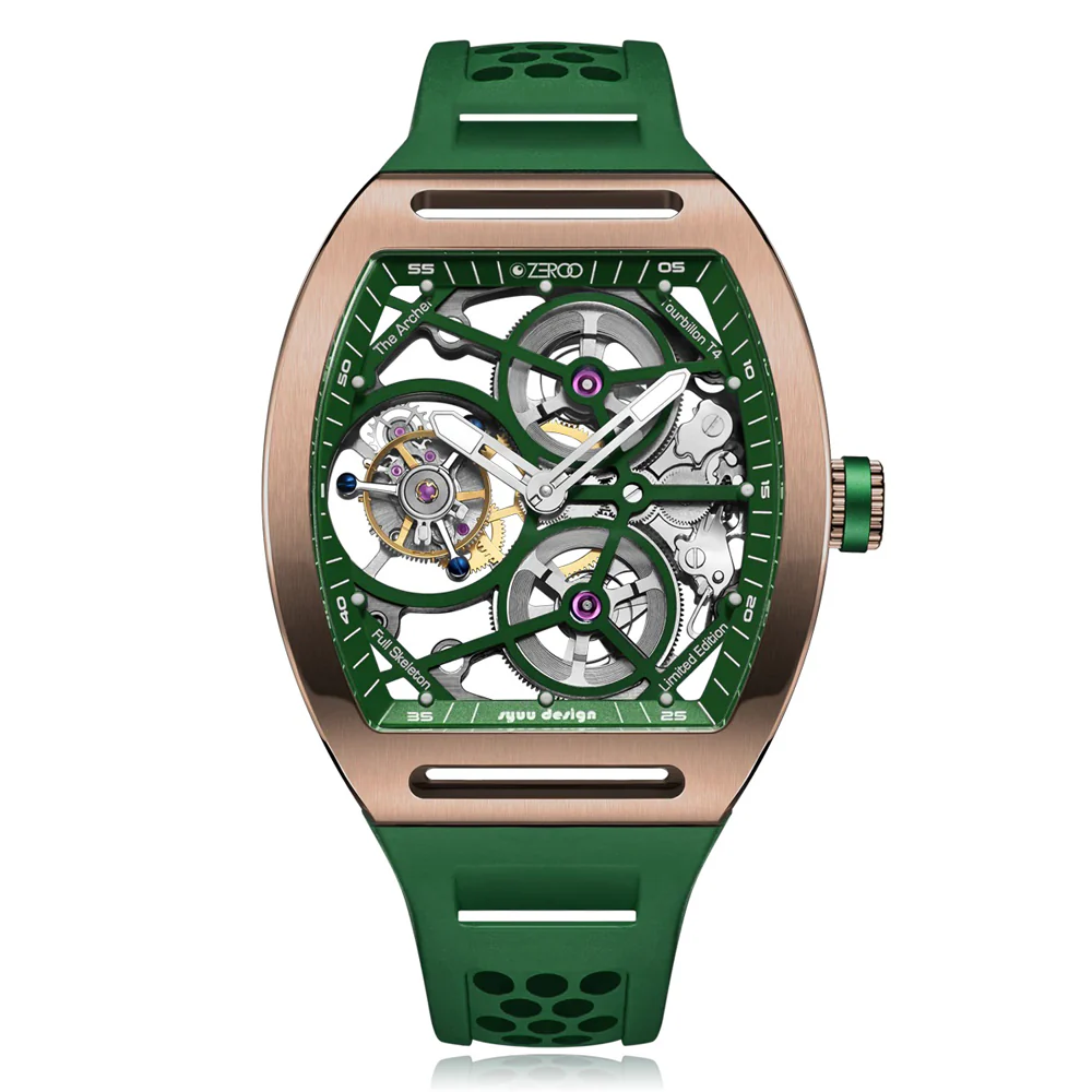 Zeroo Time T4 The Archer Full Skeleton Tourbillon Watch in Rose and Green
