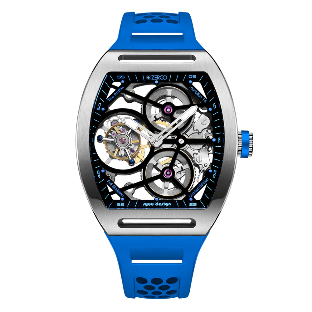 Zeroo Time T4 The Archer Full Skeleton Tourbillon Watch in Steel and Light Blue