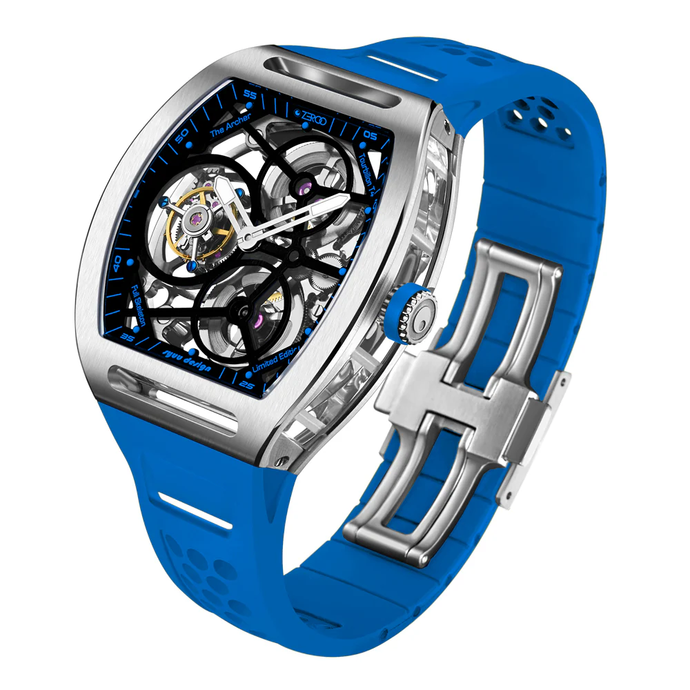 Zeroo Time T4 The Archer Full Skeleton Tourbillon Watch in Steel and Light Blue - Image 2