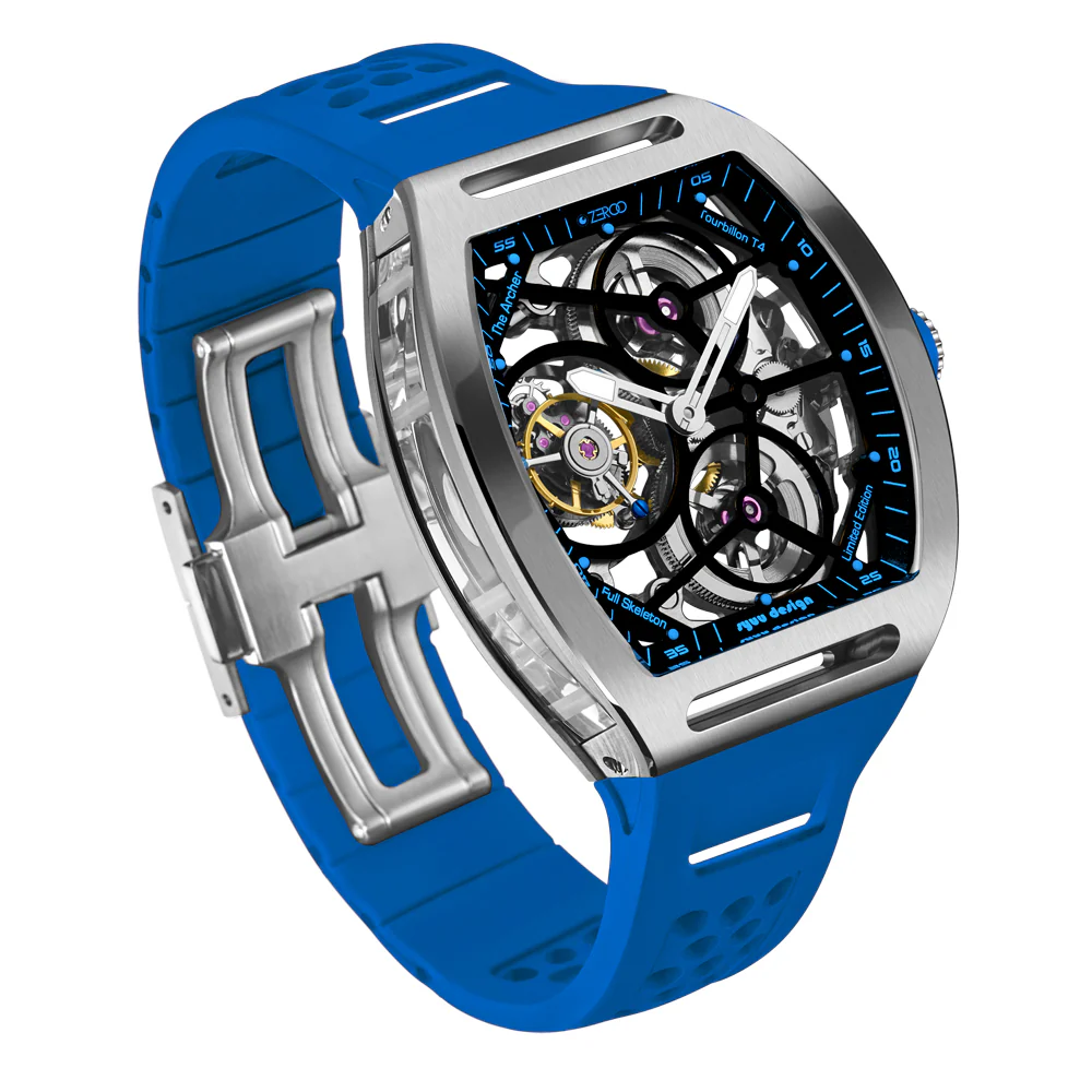 Zeroo Time T4 The Archer Full Skeleton Tourbillon Watch in Steel and Light Blue - Image 3
