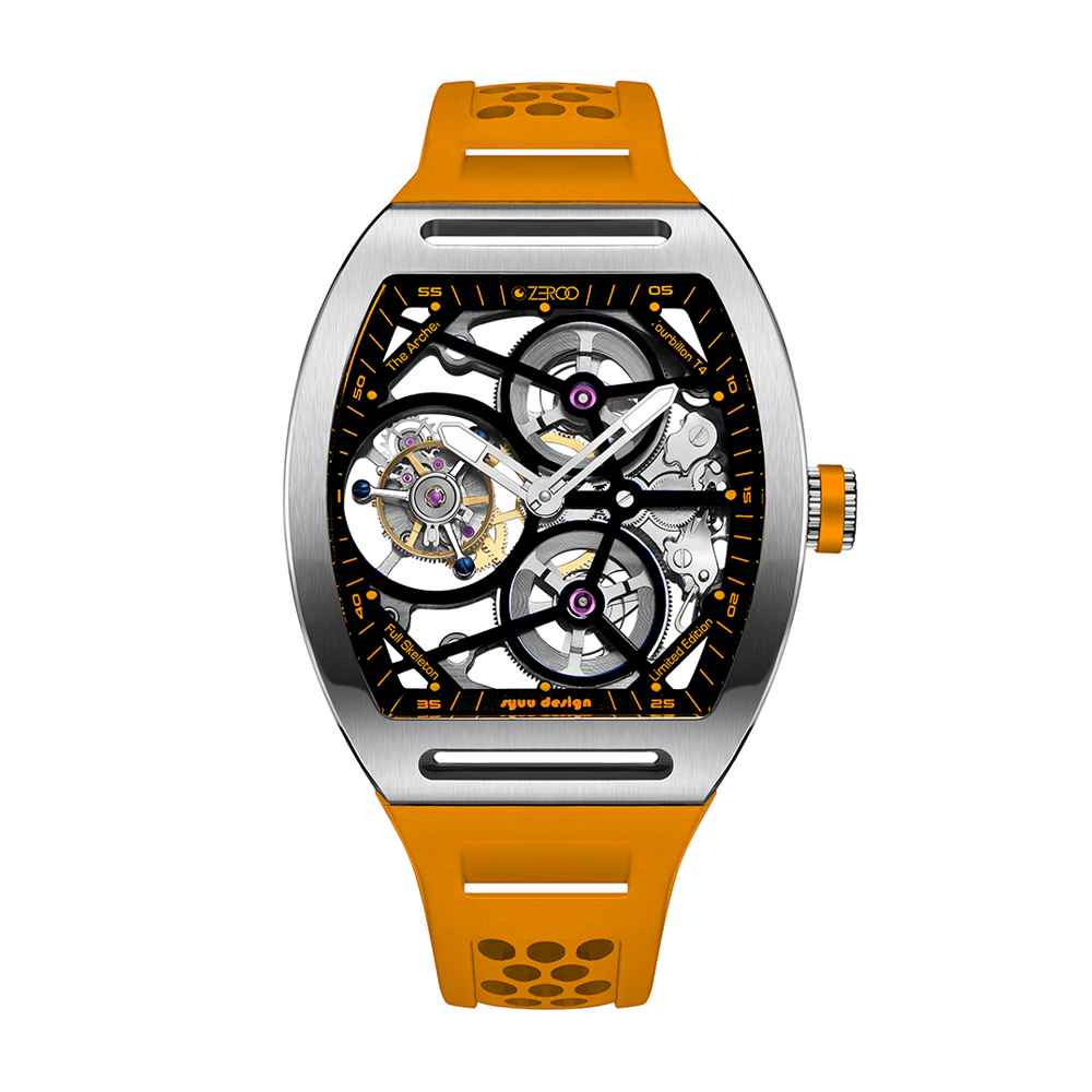 Zeroo Time T4 The Archer Full Skeleton Tourbillon Watch in Steel and Orange