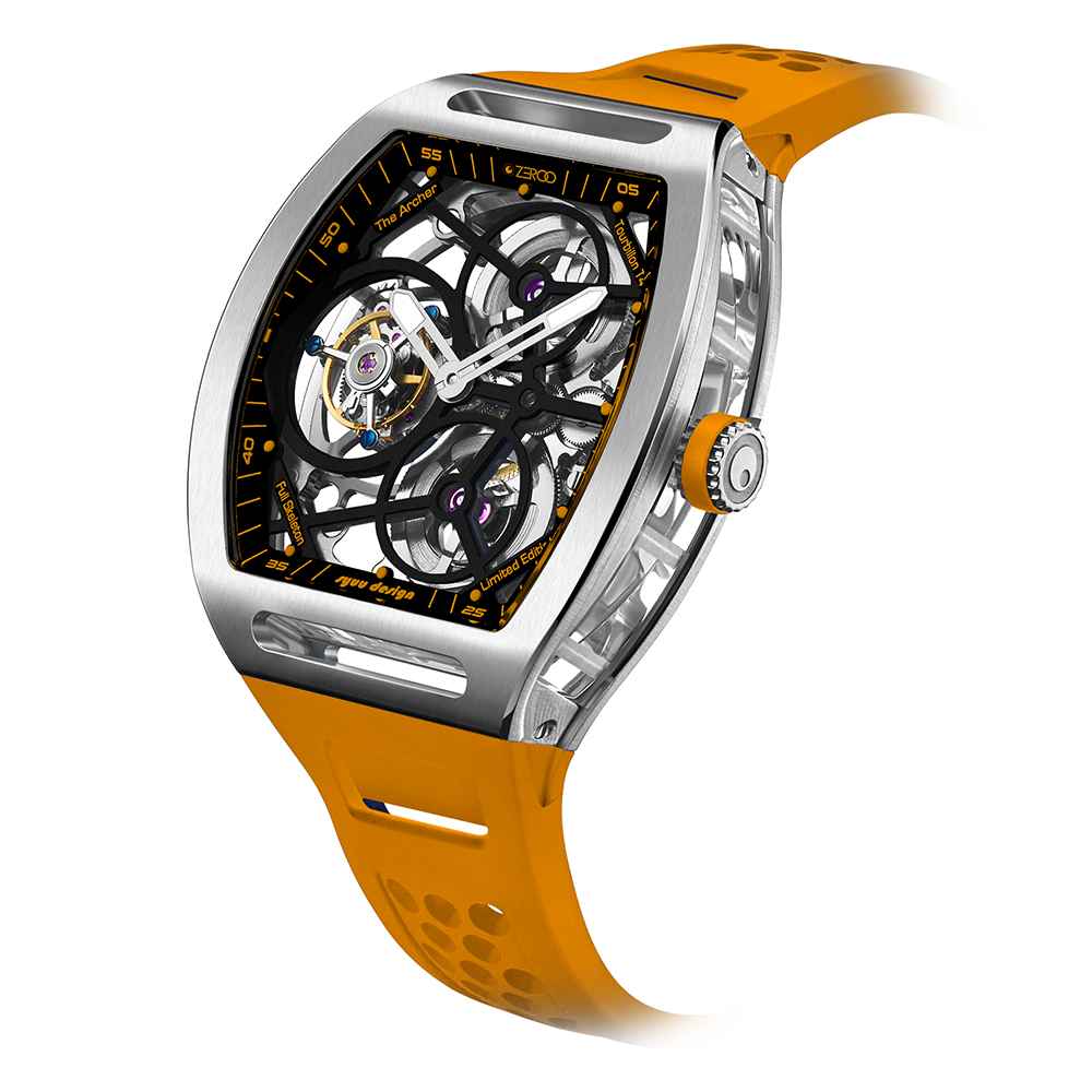 Zeroo Time T4 The Archer Full Skeleton Tourbillon Watch in Steel and Orange - Image 2