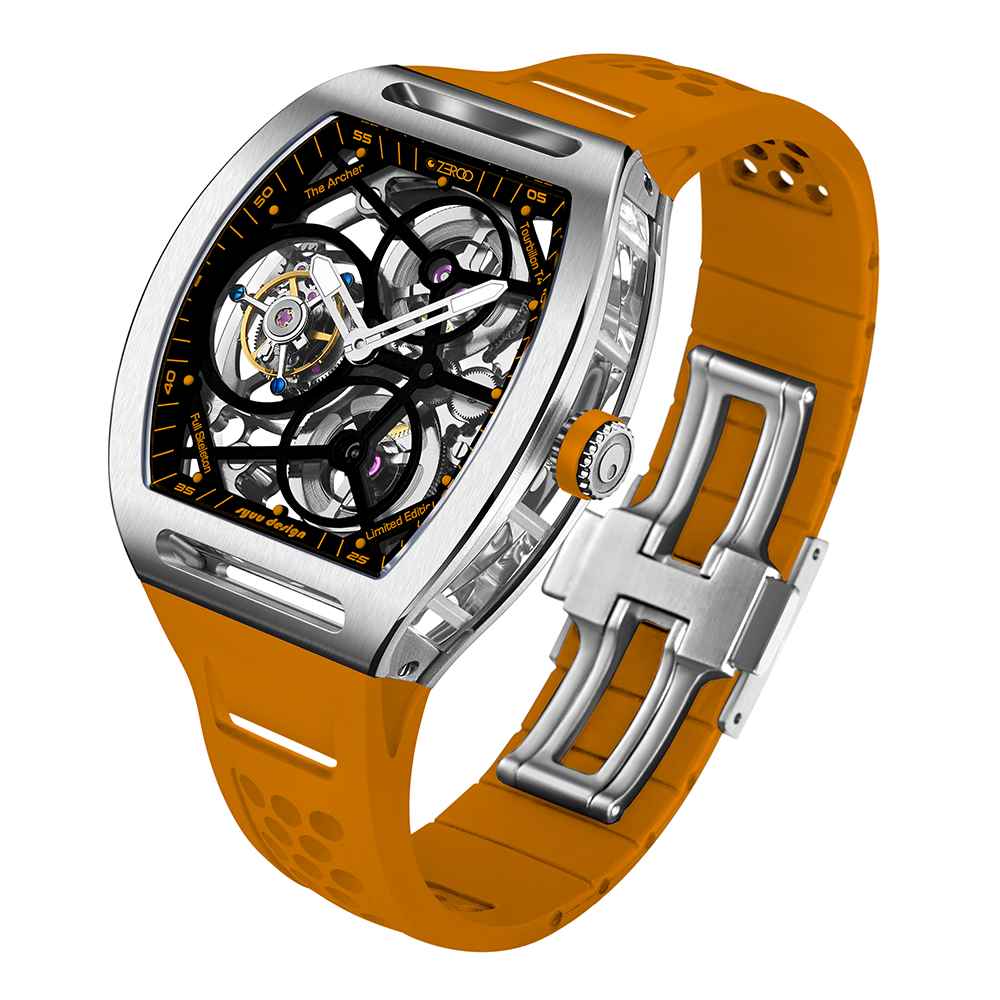 Zeroo Time T4 The Archer Full Skeleton Tourbillon Watch in Steel and Orange - Image 3