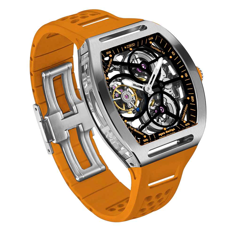 Zeroo Time T4 The Archer Full Skeleton Tourbillon Watch in Steel and Orange - Image 4