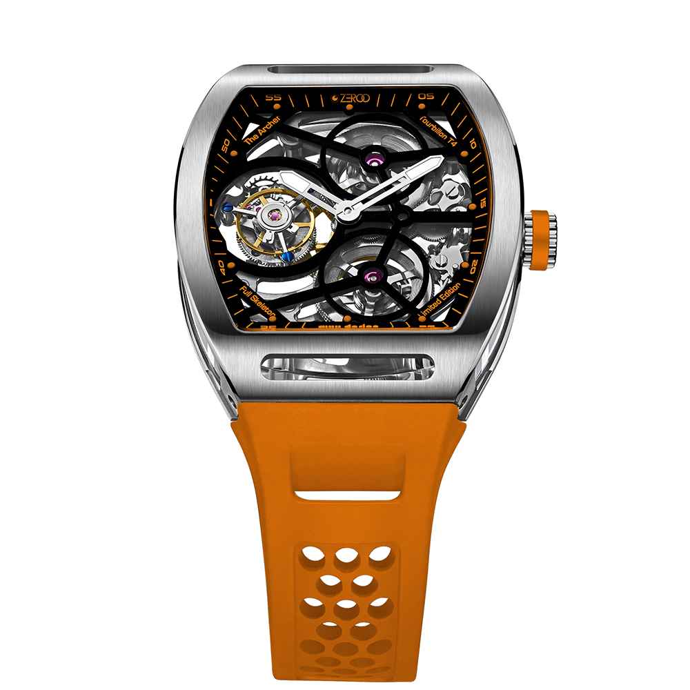 Zeroo Time T4 The Archer Full Skeleton Tourbillon Watch in Steel and Orange - Image 6