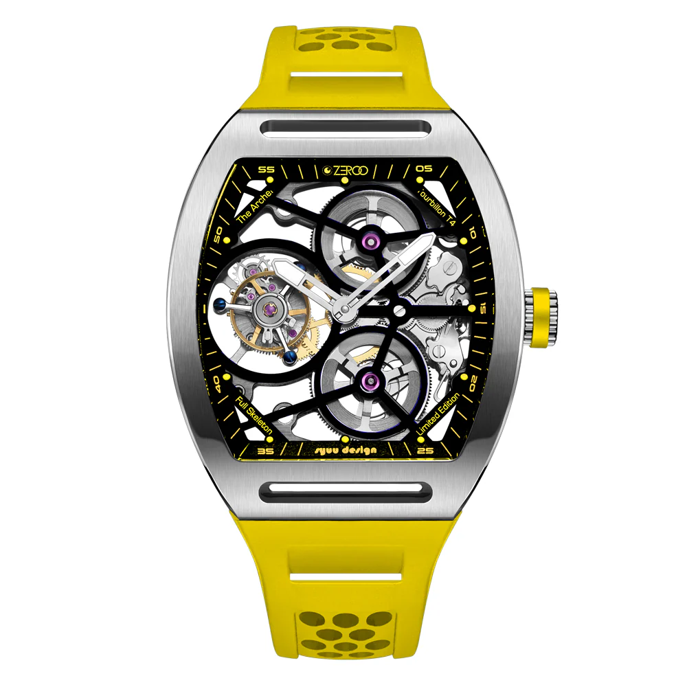 Zeroo Time T4 The Archer Full Skeleton Tourbillon Watch in Steel and Yellow