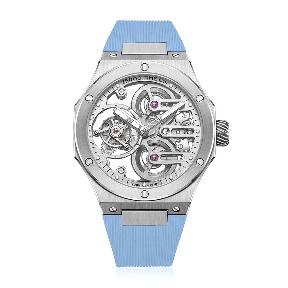 Zeroo Time T8 The Orion Full Skeleton Tourbillon Watch in Steel and Blue