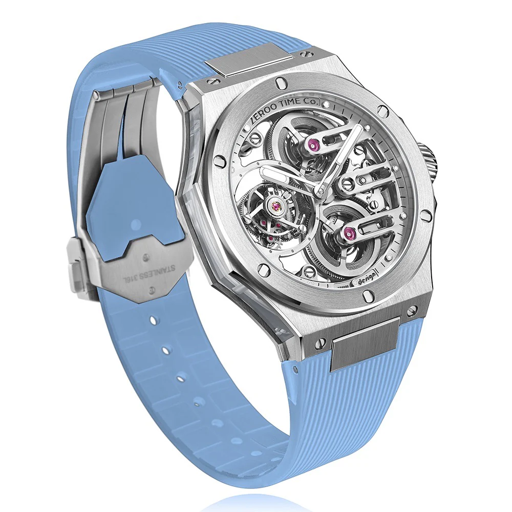 Zeroo Time T8 The Orion Full Skeleton Tourbillon Watch in Steel and Blue - Image 3