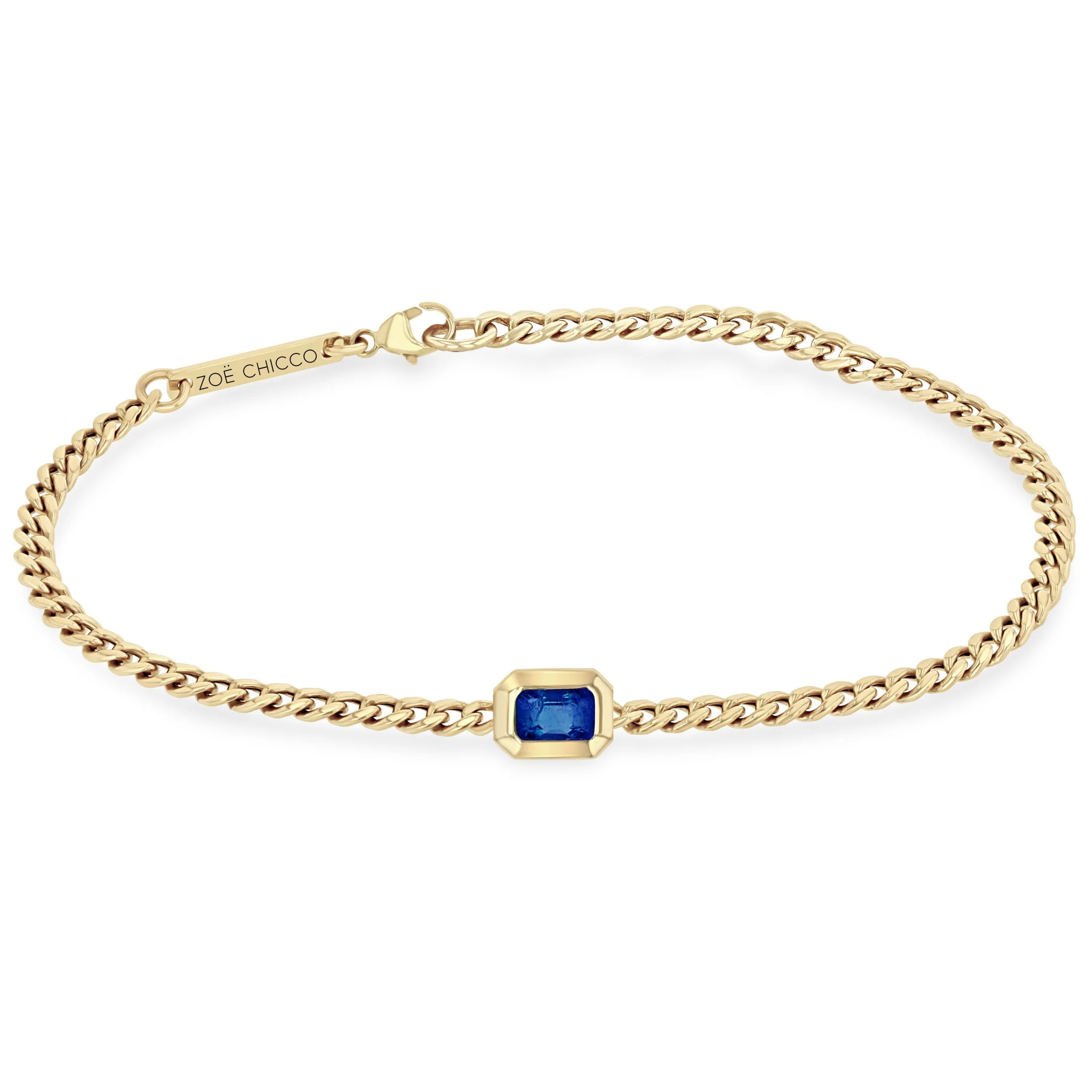 Zoe Chicco Bezel Set Emerald Cut Blue Sapphire Curb Chain Bracelet 14K Yellow Gold