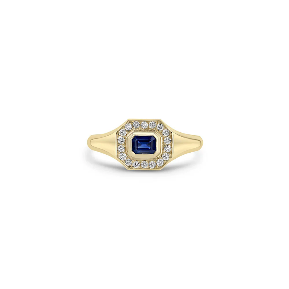 Zoe Chicco Blue Sapphire Diamond Signet Ring 14K Yellow Gold