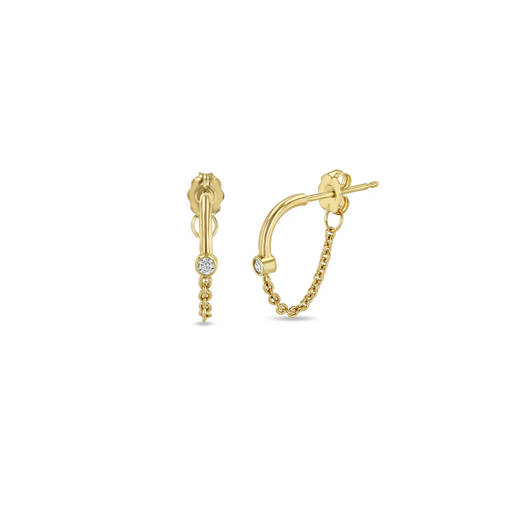 Zoe Chicco Diamond Bezel Wire and Chain Huggie Earrings 14K Yellow Gold