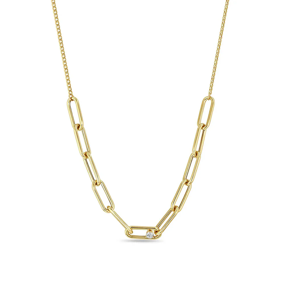 Zoe Chicco Diamond Paperclip Station Necklace 14K Yellow Gold