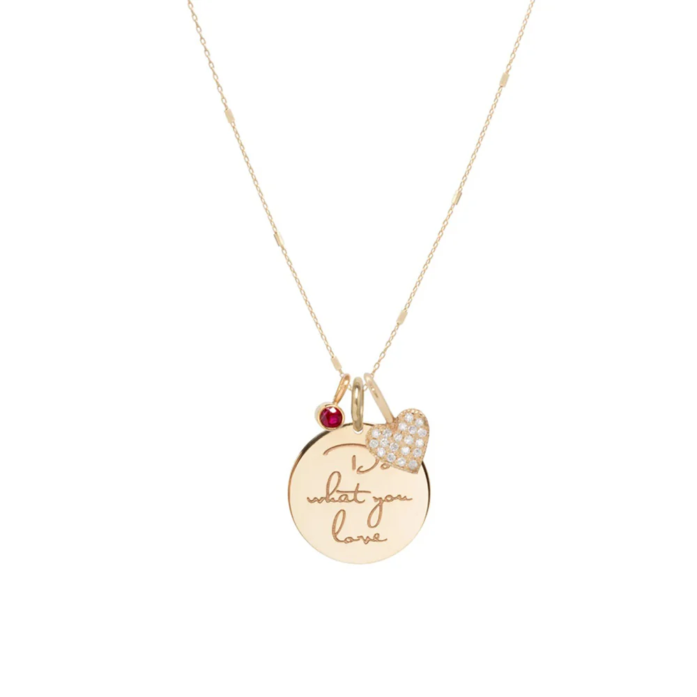 Zoe Chicco Do What You Love Mantra Charm Necklace with Heart and Ruby 14K Yellow Gold