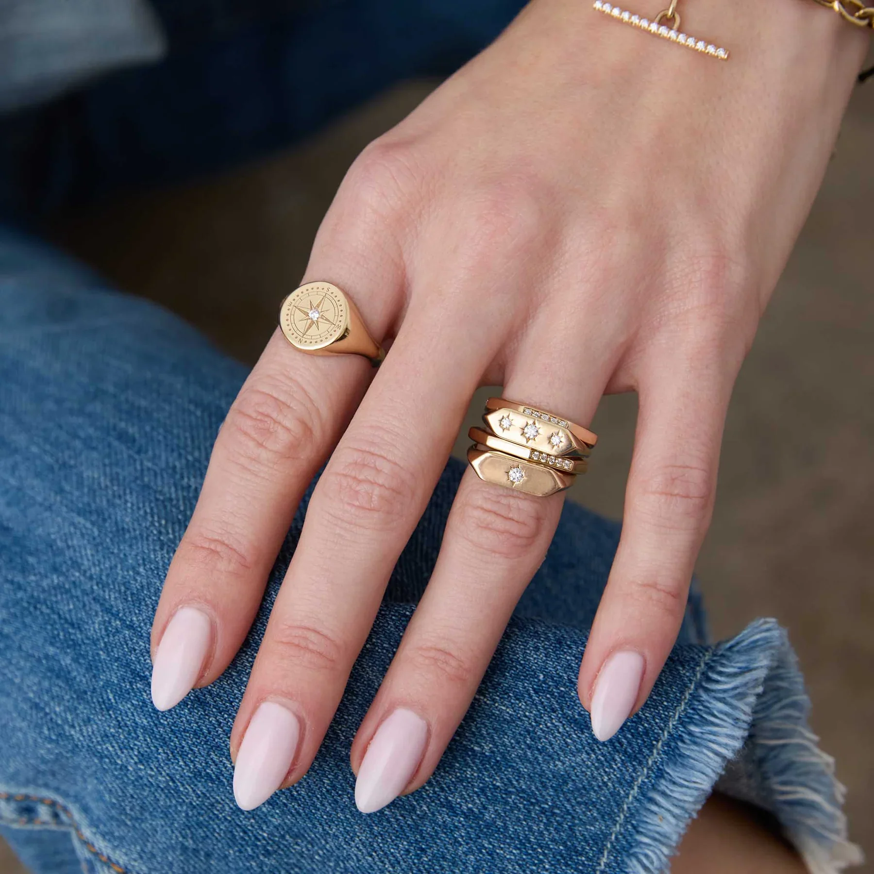 Zoe Chicco Graduated Star Set Diamonds Elongated Hexagon Signet Ring 14K Yellow Gold - Image 2