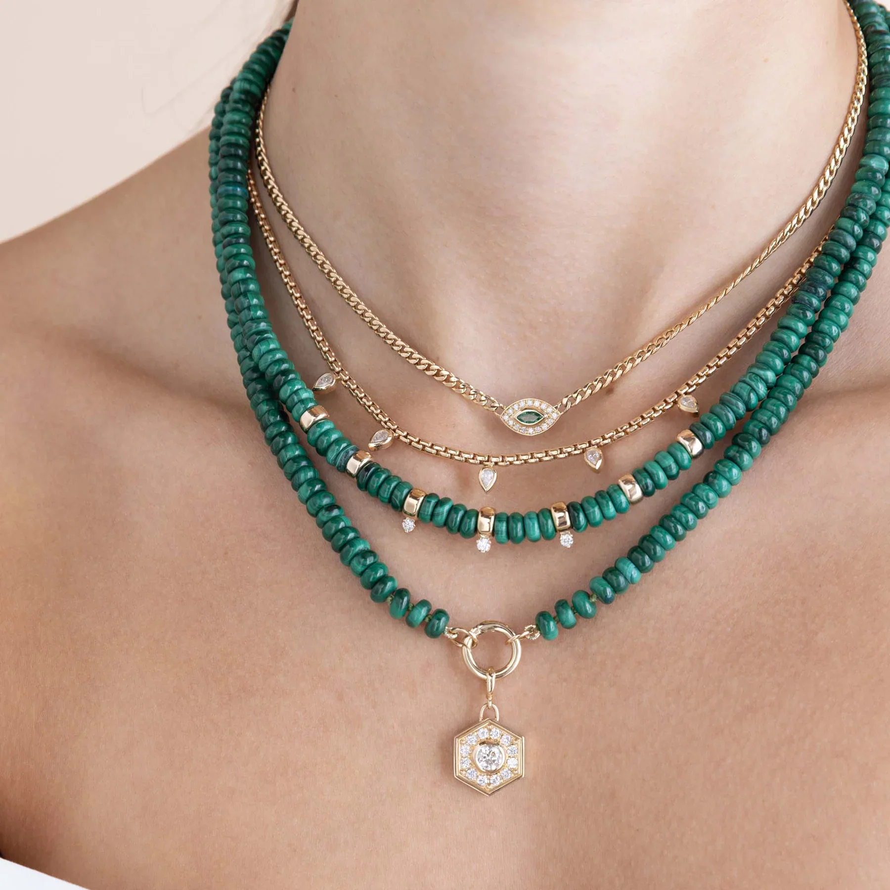 Zoe Chicco Malachite Rondelle Bead Round Enhancer Necklace 14K Yellow Gold - Image 2