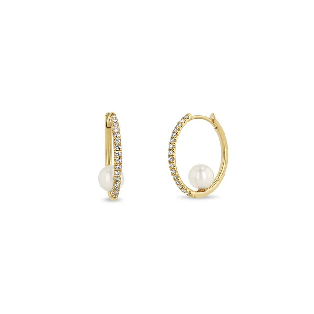 Zoe Chicco Nested Pearl Large Pave Diamond Hinge Huggie Hoops