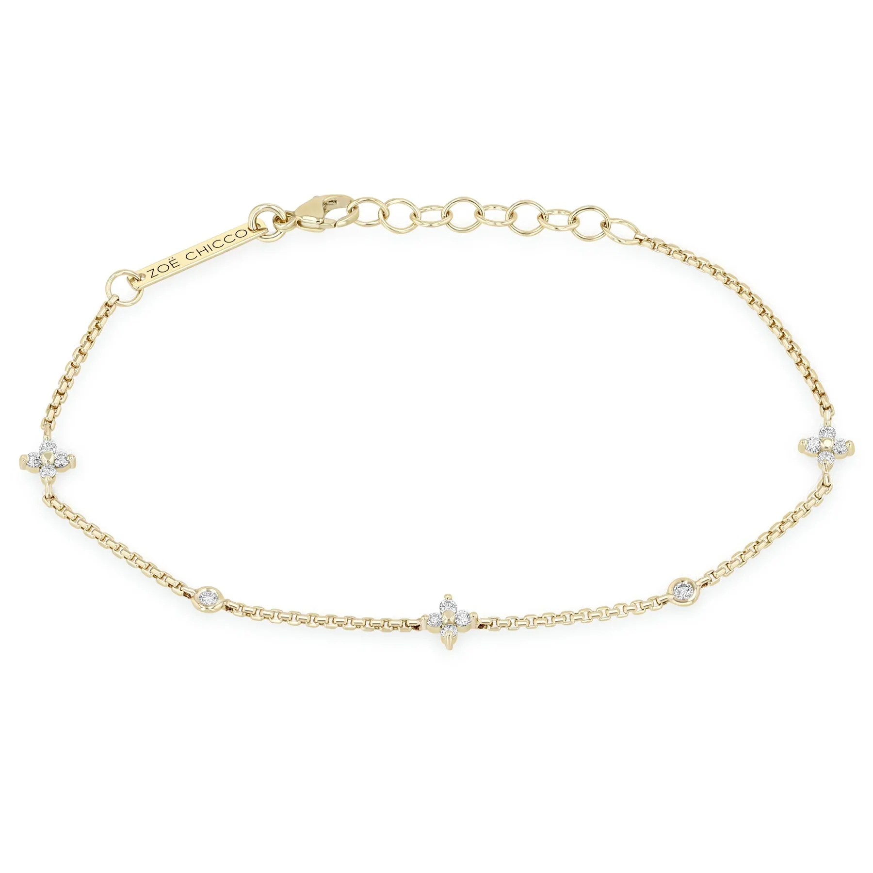 Zoe Chicco Prong Diamond Quad & Floating Diamond Station Extra Small Box Chain Bracelet 14K Yellow Gold