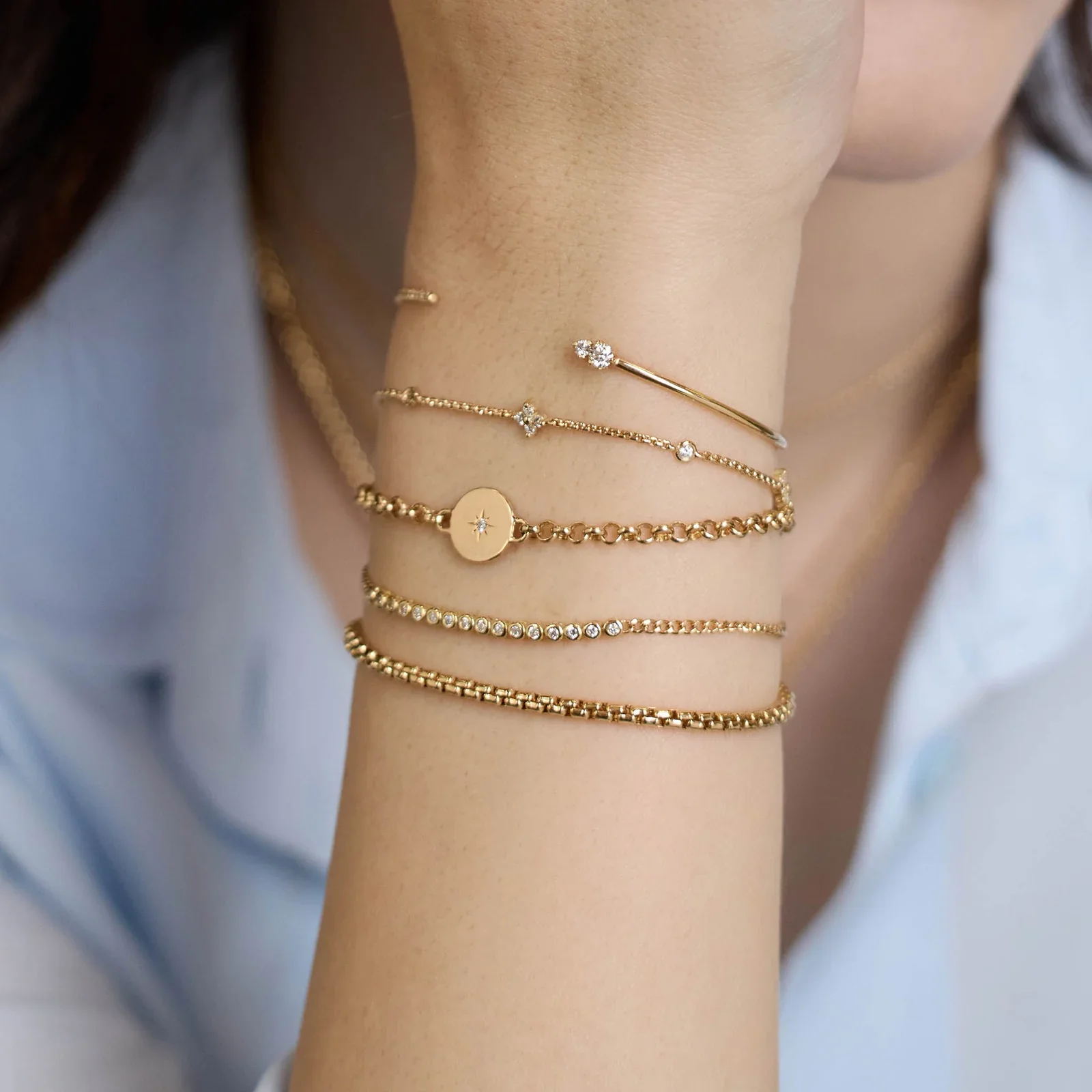 Zoe Chicco Prong Diamond Quad & Floating Diamond Station Extra Small Box Chain Bracelet 14K Yellow Gold - Image 2