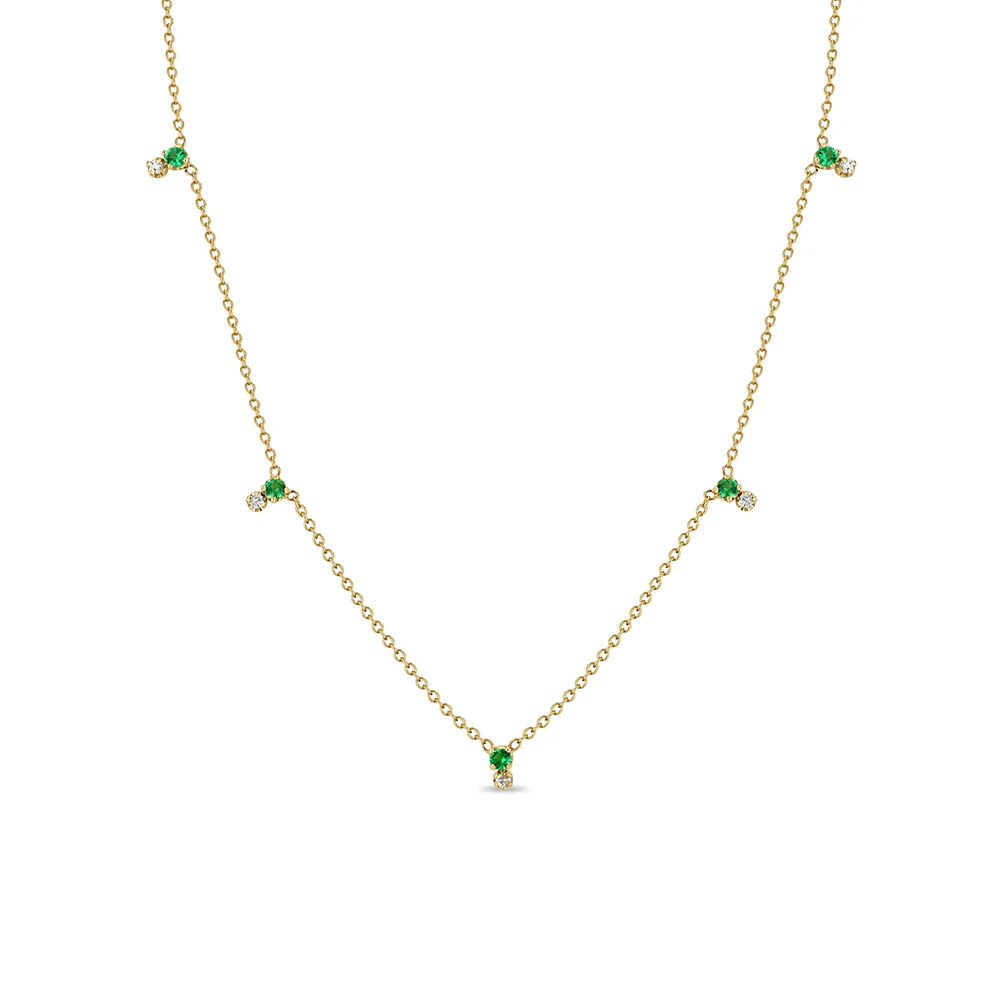 Zoe Chicco Stacked Prong Emerald and Diamond Necklace 14K Yellow Gold