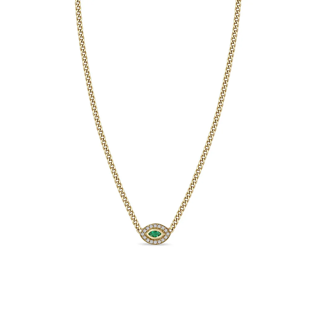 Zoe Chicco XS Curb Chain Marquise Emerald Diamond Halo Necklace